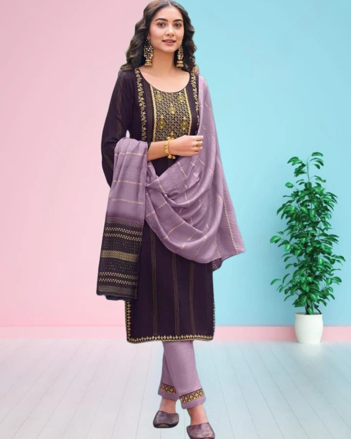 Indubalaa Deep Purple Embroidered Viscose Rayon Kurti Set